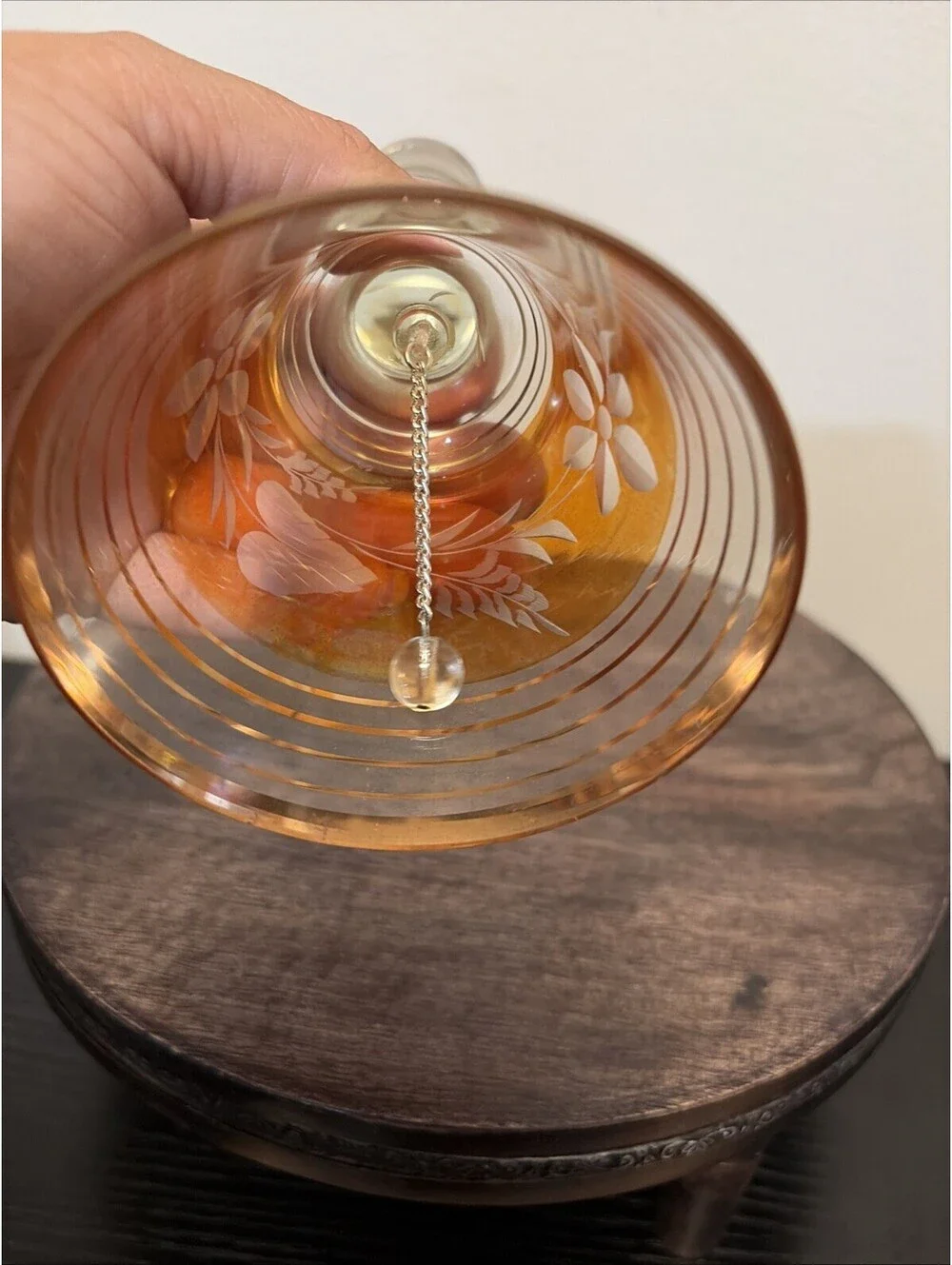 VINTAGE SAPSKA FABRIKA STAKLA PARACIN GLASS BELL CRYSTAL ETCH FLORAL YELLOW,GOLD